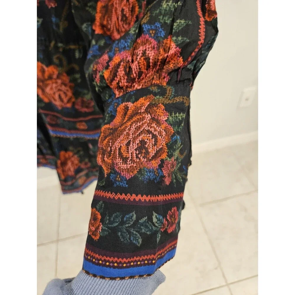 Farm Rio Black Floral Pom Pom Tie Dress Size L Boho Long SleeveFarm Rio Black... - Picture 3 of 6